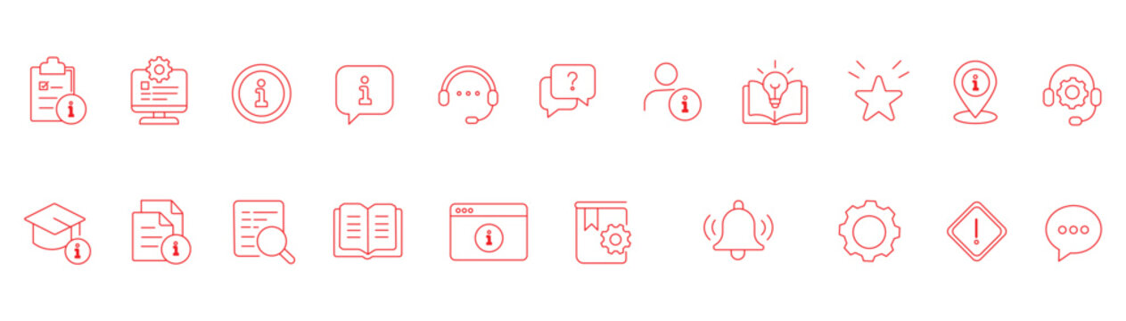 Information and customer support editable line icon set.help desks,call centers,support,assistance, technical support,faq,Containing information and more Editable stroke line icons Vector illustration