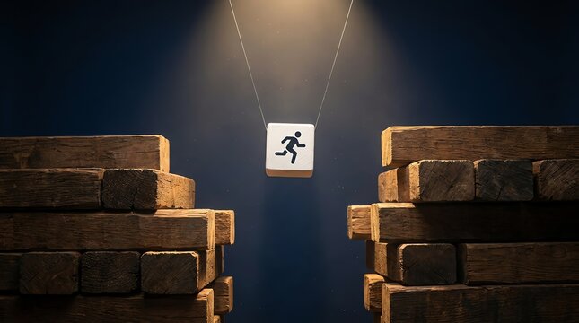 Man silhouette on cube jumping over gap, concept of challenge and risk