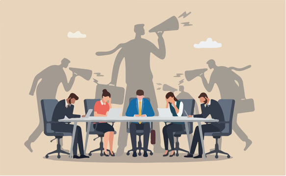 Self criticism, negative critic thinking to blame yourself, guilt depression rant inner anxiety, anger or stress psychology concept, depressed businessman self shadow blame with megaphone