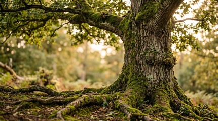 Fototapeta premium Close-up of an ancient mossy oak tree trunk with sprawling roots in a sunlit forest