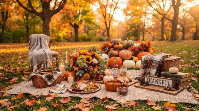 Autumn thanksgiving background festive picnic with pumpkins fall foliage