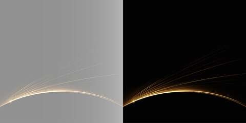 Abstract glowing golden arc curve with light rays on transparent and black background, gold light streaks © Aura Canvas