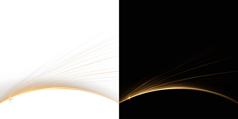 Abstract glowing golden arc curve with light rays on white and black background, gold light streaks © Aura Canvas