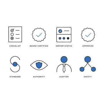 Audit Compliance vector icons set. badge certified, approved, standard, server status, safety, checklist, authority, auditor.