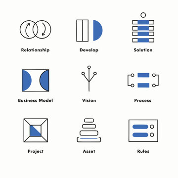 Business Architecture vector icons set. solution, business model, project, relationship, develop, vision, process, asset, riles