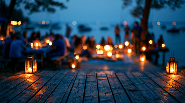 Blurred Lakeside Summer Gathering with Candle Lanterns on Wooden Dock at Twilight for Outdoor Dining and Vacation Promotion