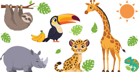 Fototapeta premium Cute Tropical Jungle Animals Sticker Set Featuring Cartoon Sloth, Toucan, Giraffe, Rhinoceros, Leopard cub, and Chameleon for Kids Nursery and Wildlife Graphic Designs