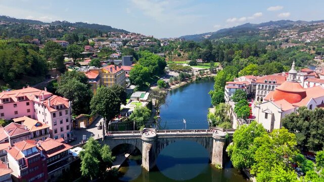 Aerial View of Sao Goncalo Bridge over River, Amarante, Portugal