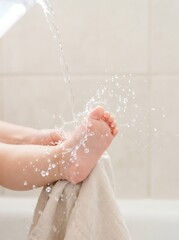 Fototapeta premium Baby foot under running water in bathtub. Parent washing kid during bath time. Gentle hygiene and daily care for newborn. Concept of healthcare, childhood, cleanliness and parenthood.