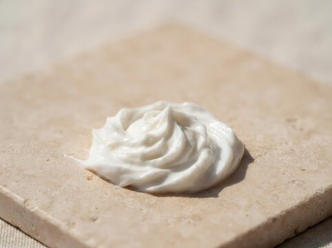 White cream swirl on textured stone surface. Cosmetic product sample for skincare. Beauty treatment, moisturizing lotion texture. Natural organic dermatology and wellness concept.
