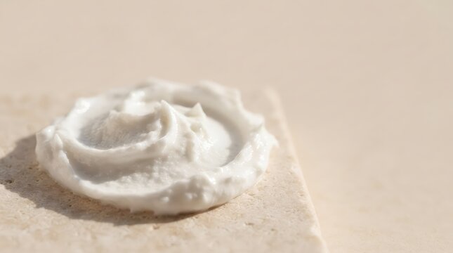 White cosmetic cream texture swirl on stone podium. Skincare moisturizer product sample for beauty advertisement. Natural organic face mask gel smear isolated on beige background.
