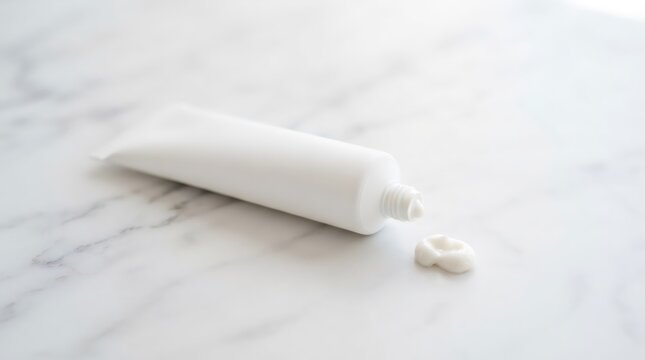 White cosmetic tube with cream dispensed on marble surface. Skincare product packaging for moisturizer or lotion. Beauty routine and dermatology concept for body and face wellness.