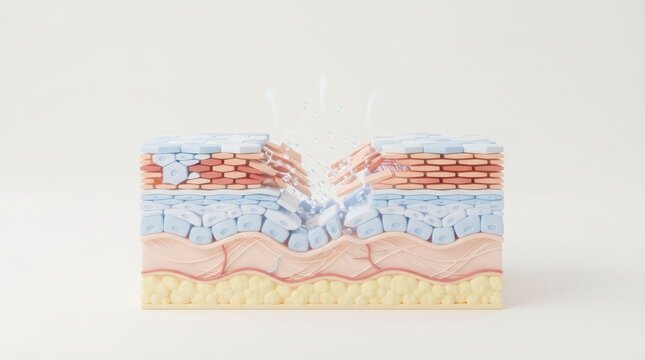 3D cross section of damaged human skin barrier. Illustration showing epidermis layers with dehydration and moisture loss. Science concept of skincare, dermatology and medical repair.
