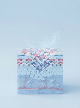 Cross section view of skin layers with moisture absorption. Dermal structure with hydrate particle infusion. Cosmetic dermatology concept for anti aging serum and skincare treatment.