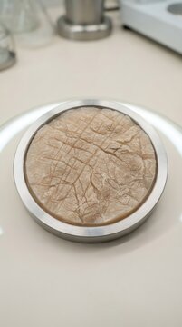 Sample of cultivated meat in stainless steel petri dish. Laboratory grown steak product for food science research. Modern alternative protein and sustainable agriculture technology concept.