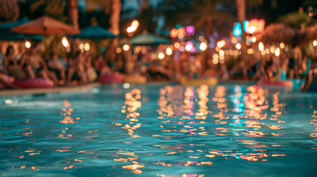 Blurred Tropical Resort Pool Party with Colorful Lights and Water Reflections at Night for Summer Travel and Lifestyle Advertising