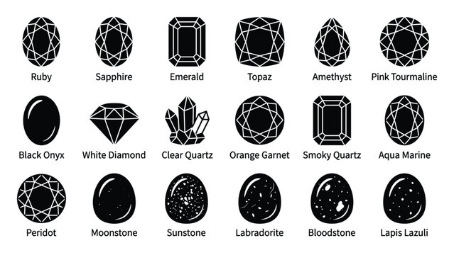 Set of different gemstone icons for jewelry design and mineralogy resources application