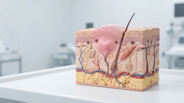 Anatomical model of human skin cross section showing acne and pimple inflammation. Educational biology tool for dermatology research and medical skin care treatment consultation.