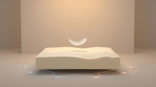 White feather floating above beige wavy platform. Product display podium with levitating object. Minimalist abstract background for commercial presentation or luxury brand marketing.