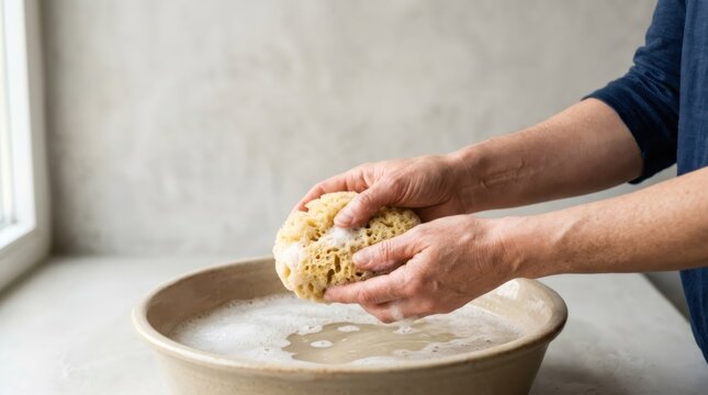 Woman washing with natural sponge in ceramic basin. Hands holding bubble bath tool over water bowl. Cleaning daily routine, hygiene practices and sustainable lifestyle concept.