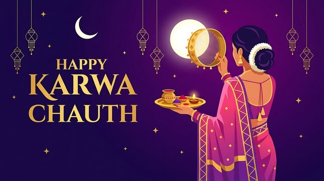 Happy karwa chauth celebration with woman looking at moon through sieve