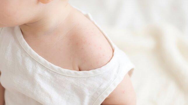 Baby with skin rash on shoulder. Child suffering from allergic reaction or skin infection. Toddler with measles or irritation on shoulder. Medical dermatology and healthcare concept.