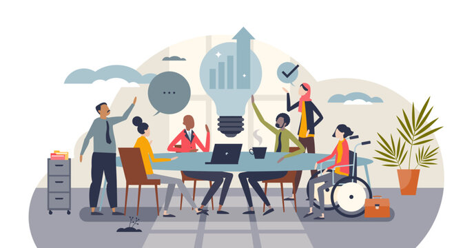Upskilling strategy drives a diverse team as a light bulb idea grows over laptops, symbolizing collaborative learning and measurable progress at work, transparent background