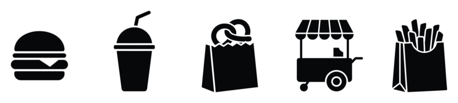 Fast food icons featuring burger drink pretzel cart and fries for menu design