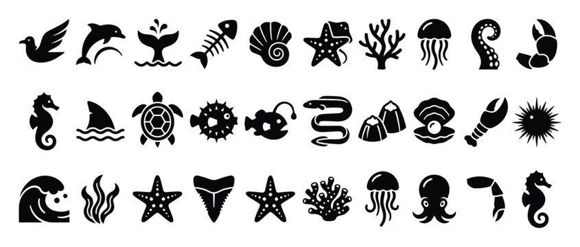 Set of ocean animal and marine life icons for aquatic exploration and educational purposes