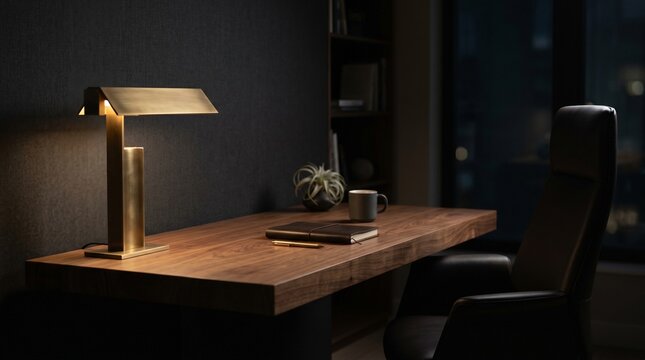 Modern executive wooden desk with gold lamp and leather accessories in dark office