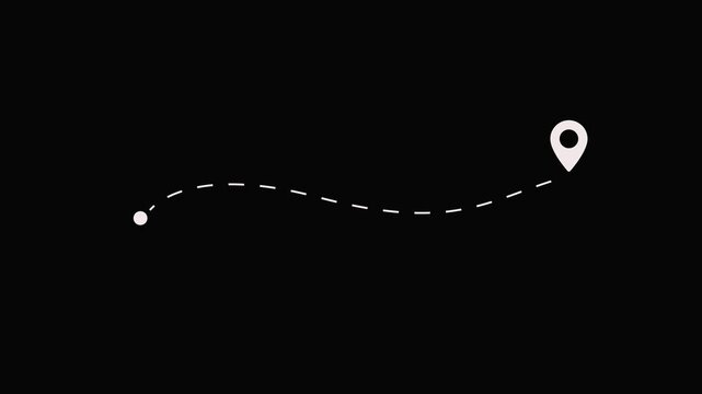 Location destination, path, and route icon showing map animation. Two red location pin icon animations connected by dotted path on white background and black screen.