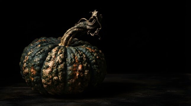 Dark and moody thanksgiving background with galeux d'eysines pumpkin