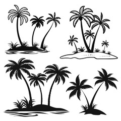 Fototapeta premium Silhouettes of tropical palm trees on small islands with sandy shores and lush green grass under clear sky.