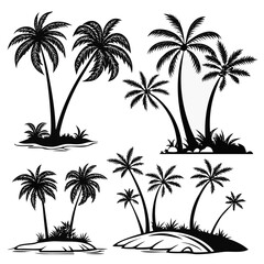 Fototapeta premium Graphic collection of various tropical island palm tree silhouettes featuring detailed leaves and sandy terrain suitable for summer holiday or beach resort design.