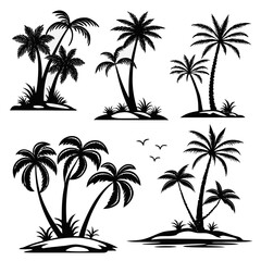 Fototapeta premium Stunning artistic silhouettes of palm trees on tropical islands with flying birds and sea waves for summer vacation branding and exotic travel design project.