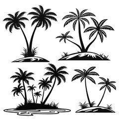 Naklejka premium Palm tree silhouette vector set isolated on white background for travel and vacation design elements tropical island beach landscape silhouettes collection for logo.