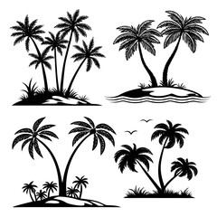 Fototapeta premium Black palm tree silhouette set with birds and island elements vector illustration for beach holiday and summer travel design isolated tropical plant icons collection.