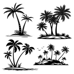 Fototapeta premium Vector palm tree silhouette set for tropical island beach landscape design elements black and white summer vacation travel icons collection isolated on white background.