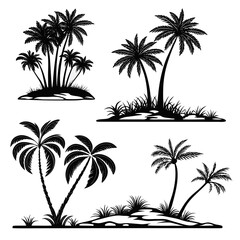 Fototapeta premium Set of tropical island palm tree silhouettes collection black white vector illustration for summer paradise beach landscape design element.