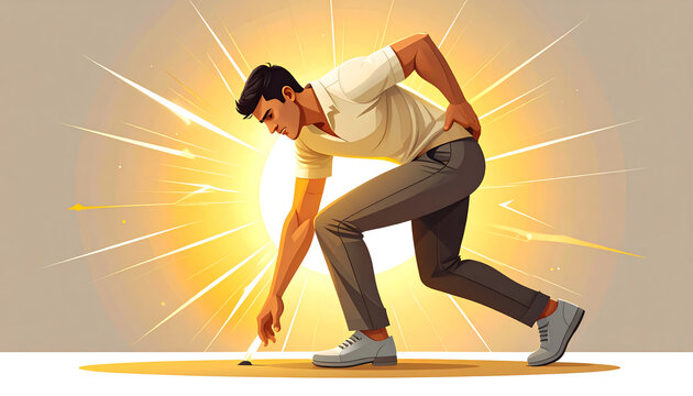 Person bending down to pick object with lightning bolt pain lines creating empathetic painful atmosphere generative AI