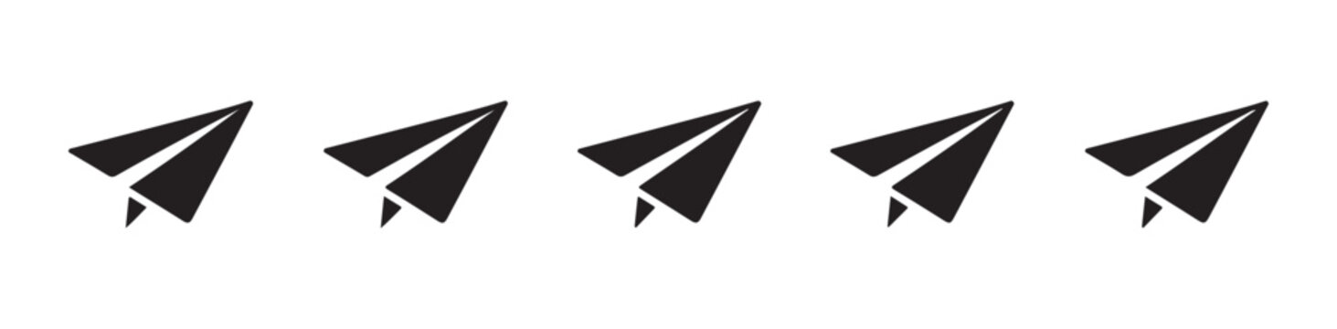 Five black paper plane icons presented on a transparent checkered background for projects.