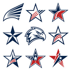 Fototapeta premium Set of american eagle and star graphic symbols featuring bold designs representing strength unity and national identity these are perfect for sports teams and organizations.