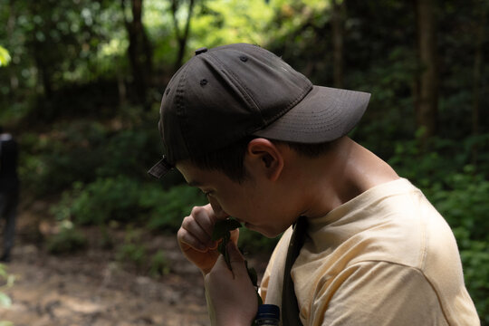 Close-up of a curious young Asian man wearing a backward cap smelling a green leaf while exploring a lush tropical forest