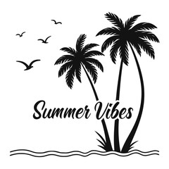 Fototapeta premium Summer vibes minimalist vector design featuring palm tree silhouettes and flying seagulls over ocean waves for tropical beach holiday branding and seasonal merchandise.