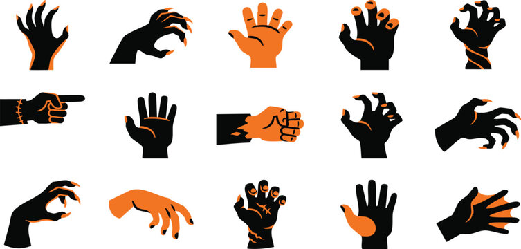Collection of scary zombie hands and monster claws in various poses for halloween graphic design projects