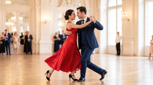 Couple dancing closely in formal attire in an ornate ballroom. The pair perform a graceful dance move with the woman's red dress flowing and guests watching in the background.