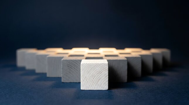 Leadership concept, one white cube leads a line of grey cubes