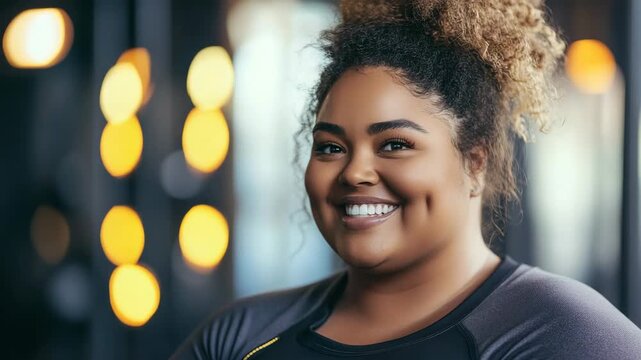Body positive overweight woman with a perfect smile and dimples posing in a modern gym. Young confident plus size female athlete showing her happiness and satisfaction