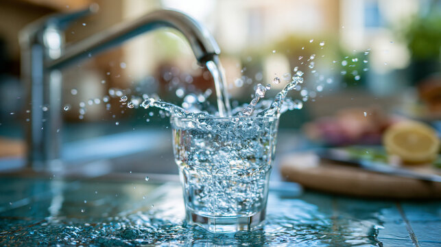 Fresh drinking water pouring into glass from modern kitchen faucet, crystal clear splash, clean hydration concept, healthy lifestyle, safe tap water, macro close up