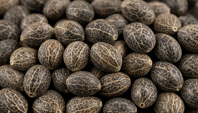 Macro close-up of dark brown hemp seeds with intricate light-colored vein patterns, piled together to show texture and organic botanical details